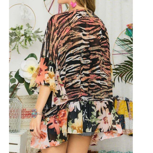 Floral & Zebra Kimono with Ruffle Sleeve & Hem - Picture 3 of 6